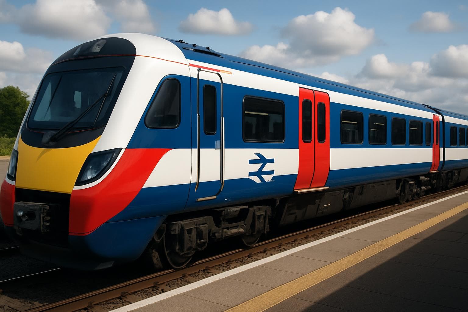 Modern train with red, white, and blue colors and double-arrow symbol