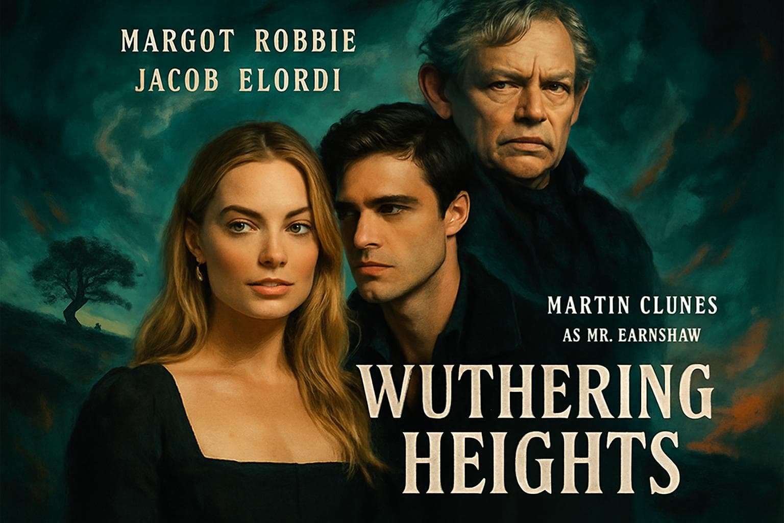 Margot Robbie and Jacob Elordi in a modern Wuthering Heights scene