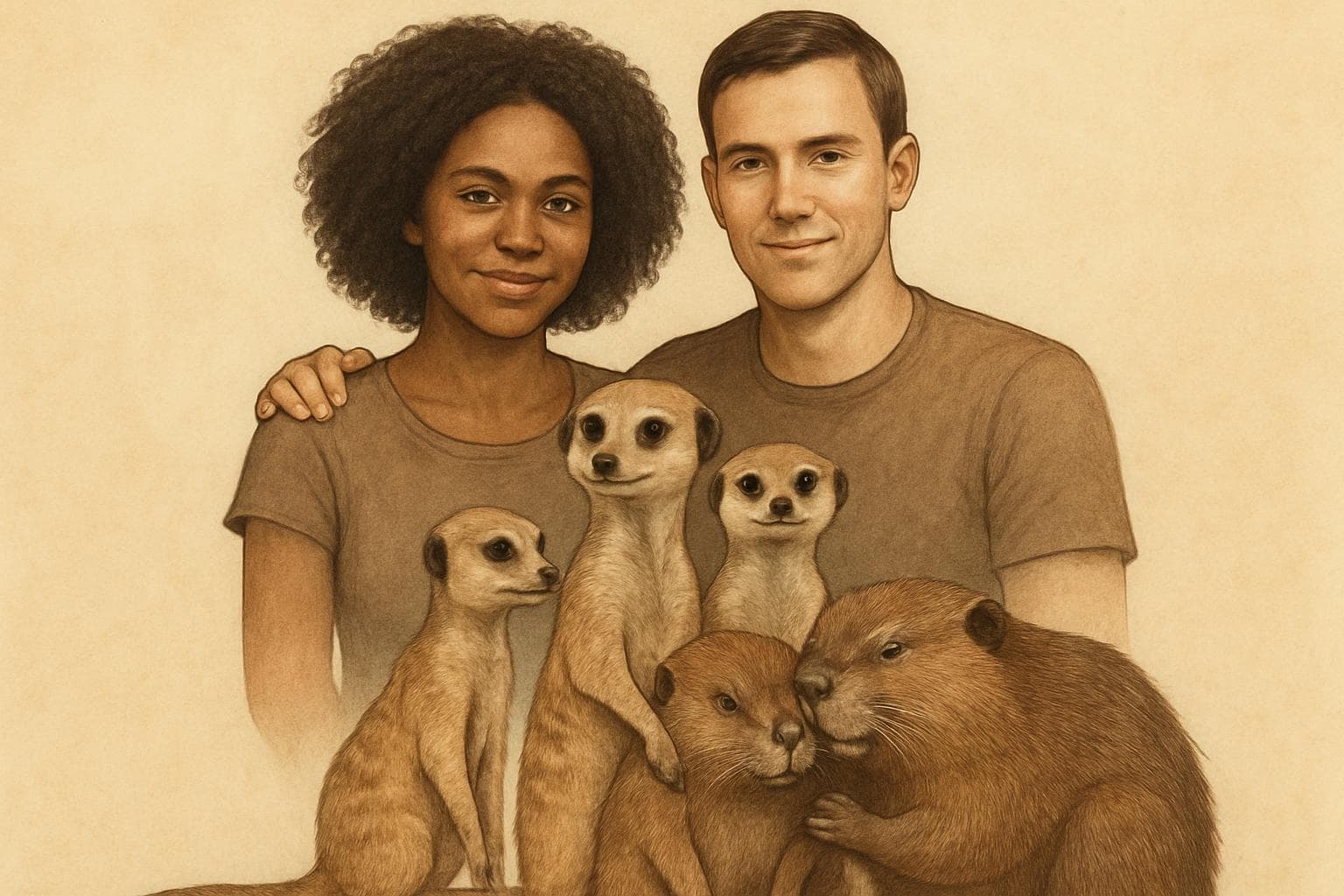Humans, meerkats, and beavers depicted in a monogamous formation