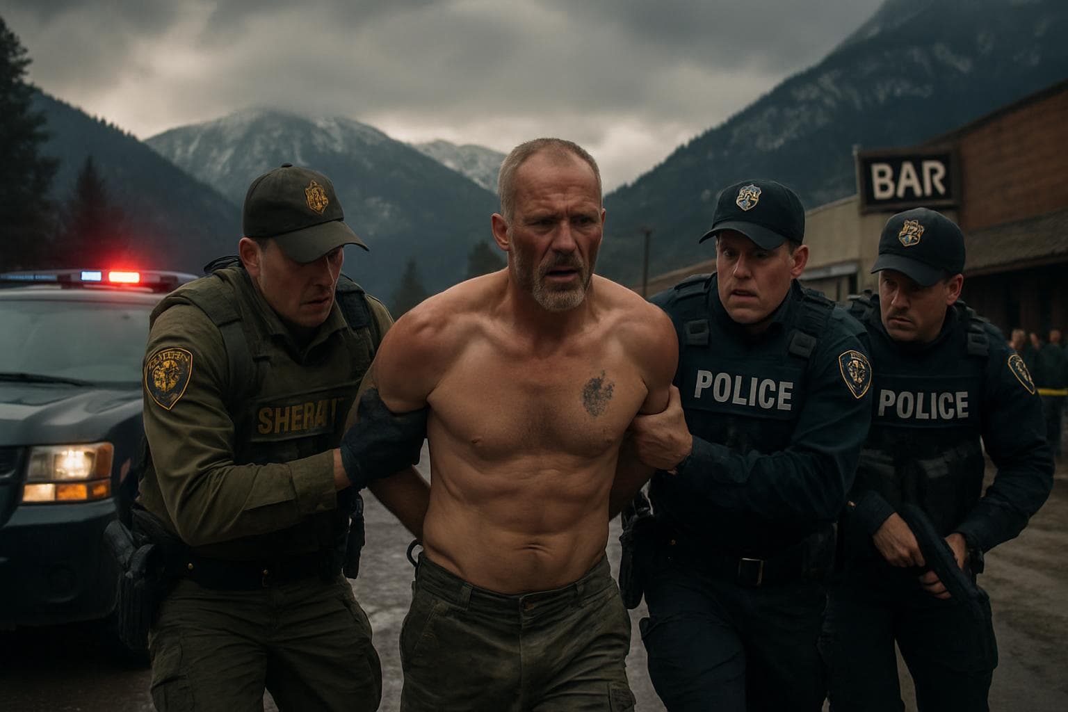 Police officers arresting a shirtless man in Montana town