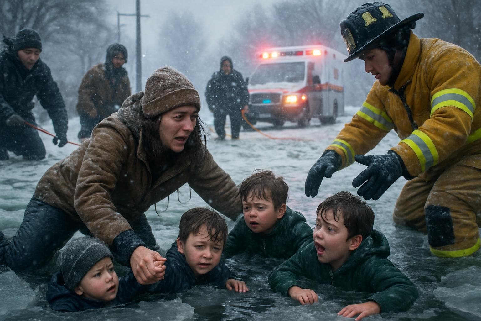 Mother rescuing sons from a frozen pond in Texas