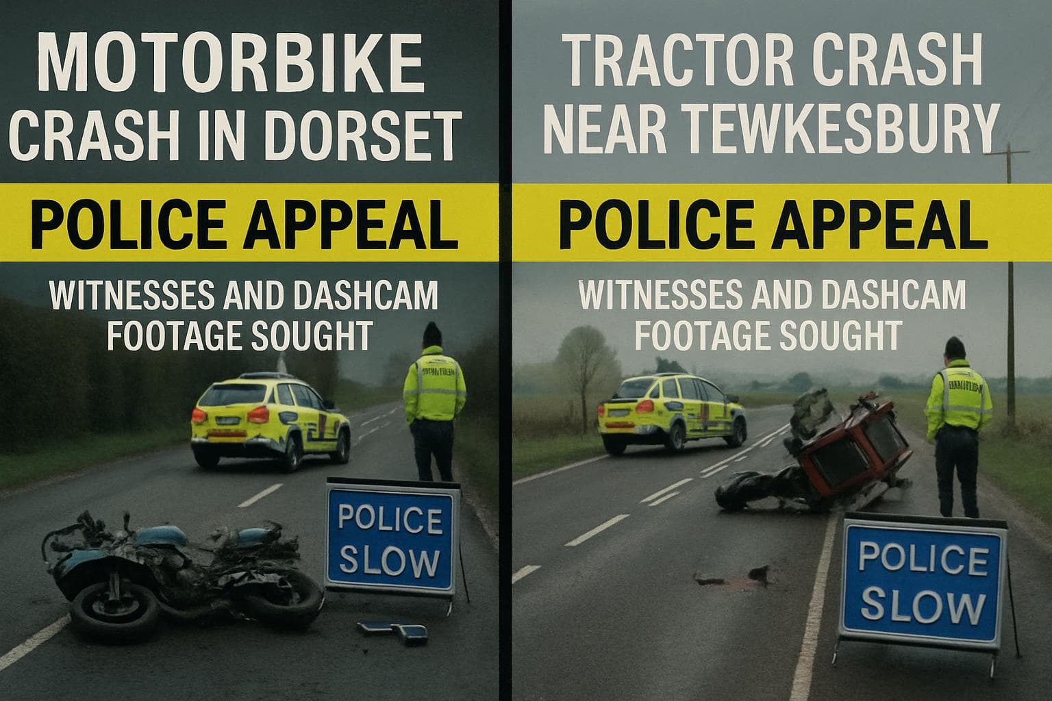 Two separate road incidents: motorbike and tractor crashes.