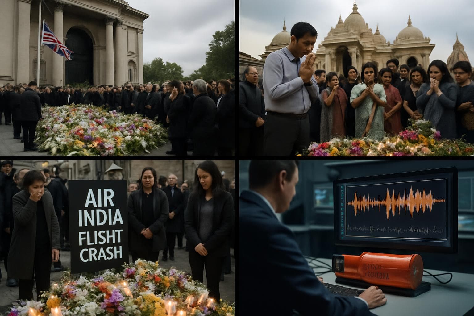 Mourners gather at memorials in the UK and India for Air India crash victims.