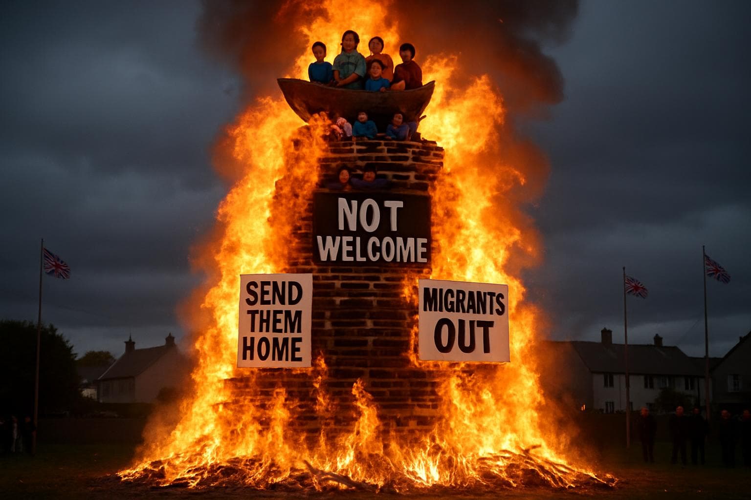 Bonfire in Moygashel with refugee effigy and placards