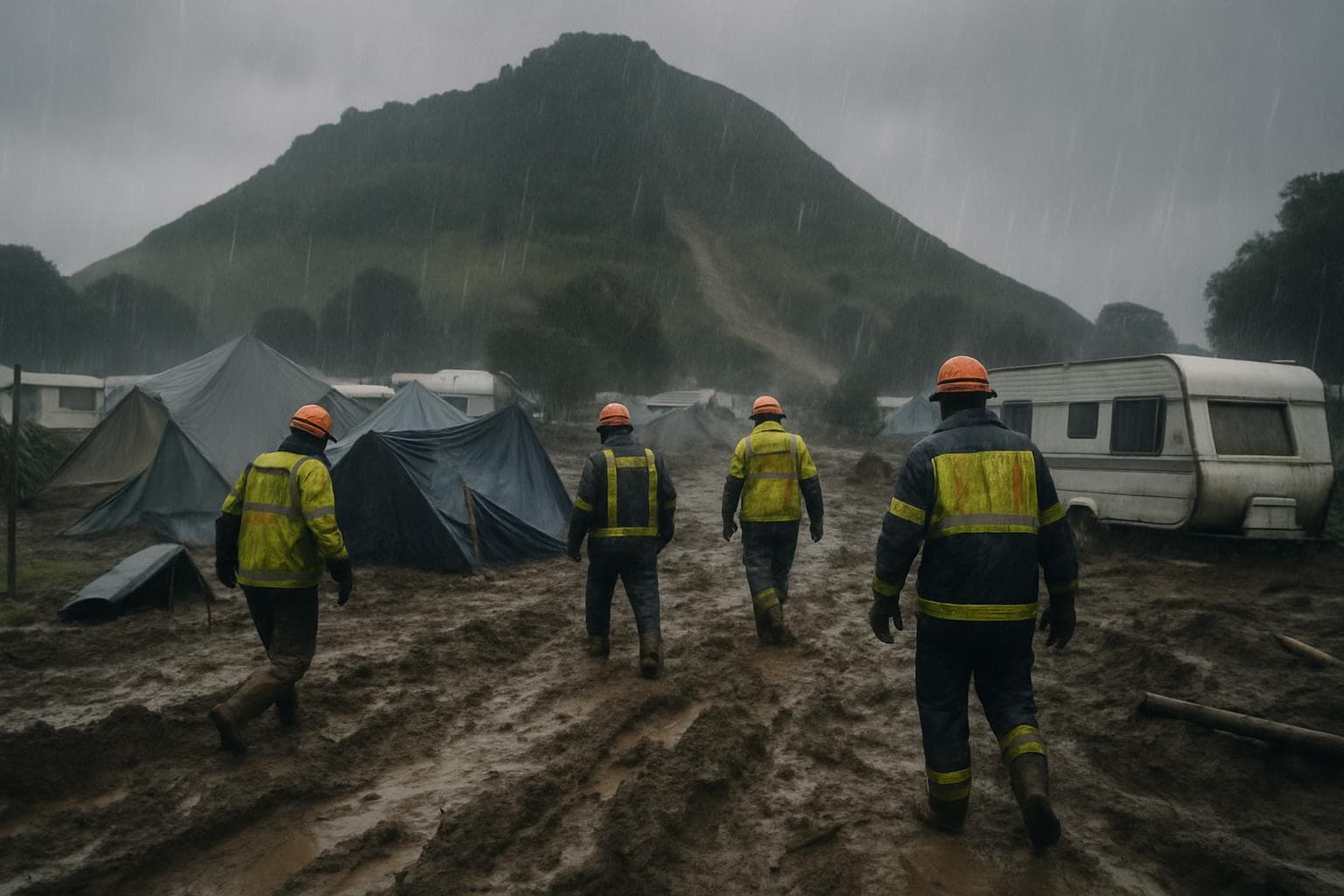 Rescue workers at a mud-covered campsite in Mount Maunganui