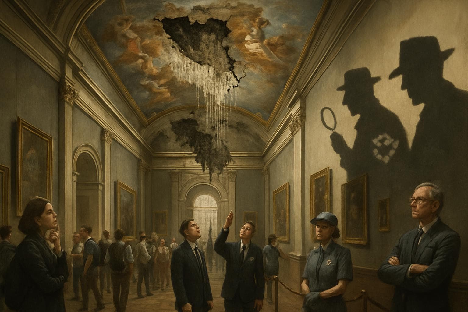 Visitors in a museum hall with a damaged ceiling painting
