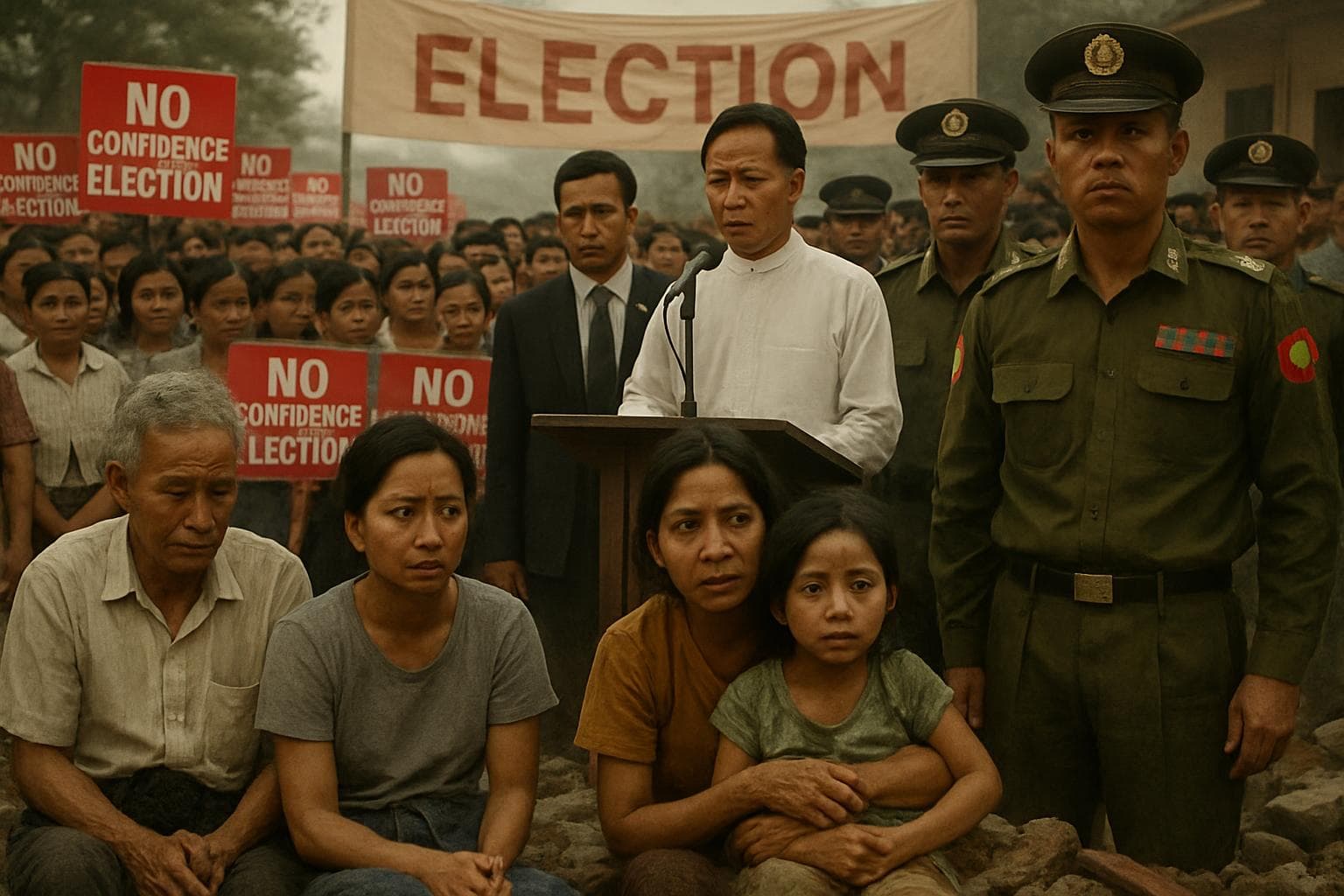 Myanmar election rally with military and citizens