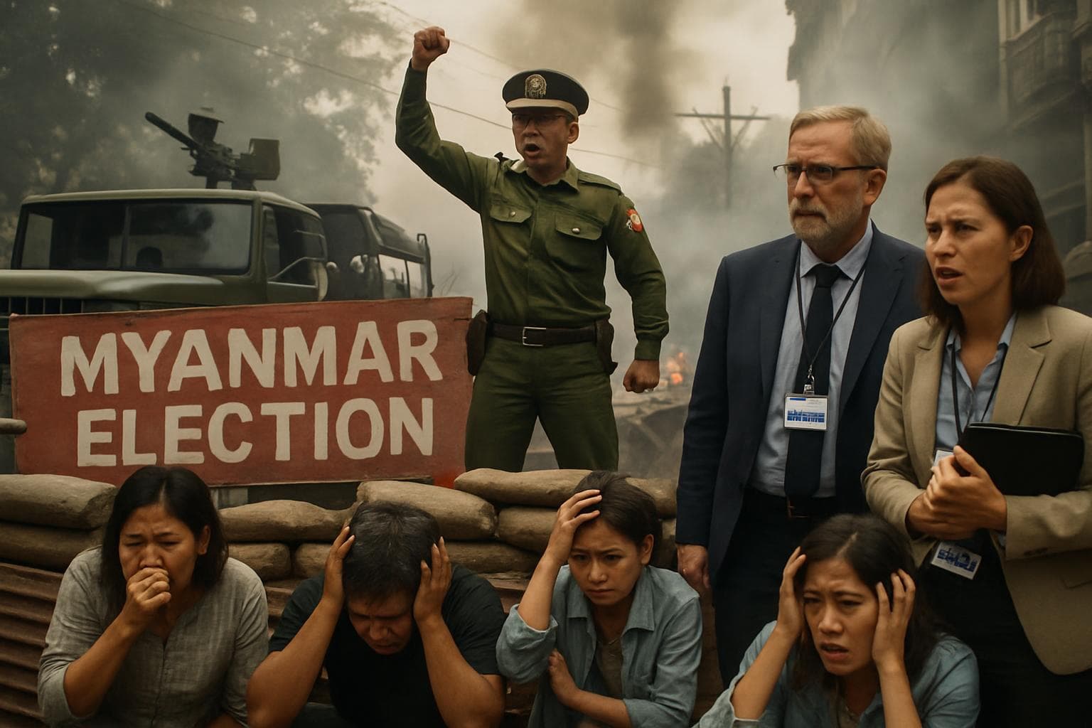 Military figure stands amidst barricades and distressed civilians