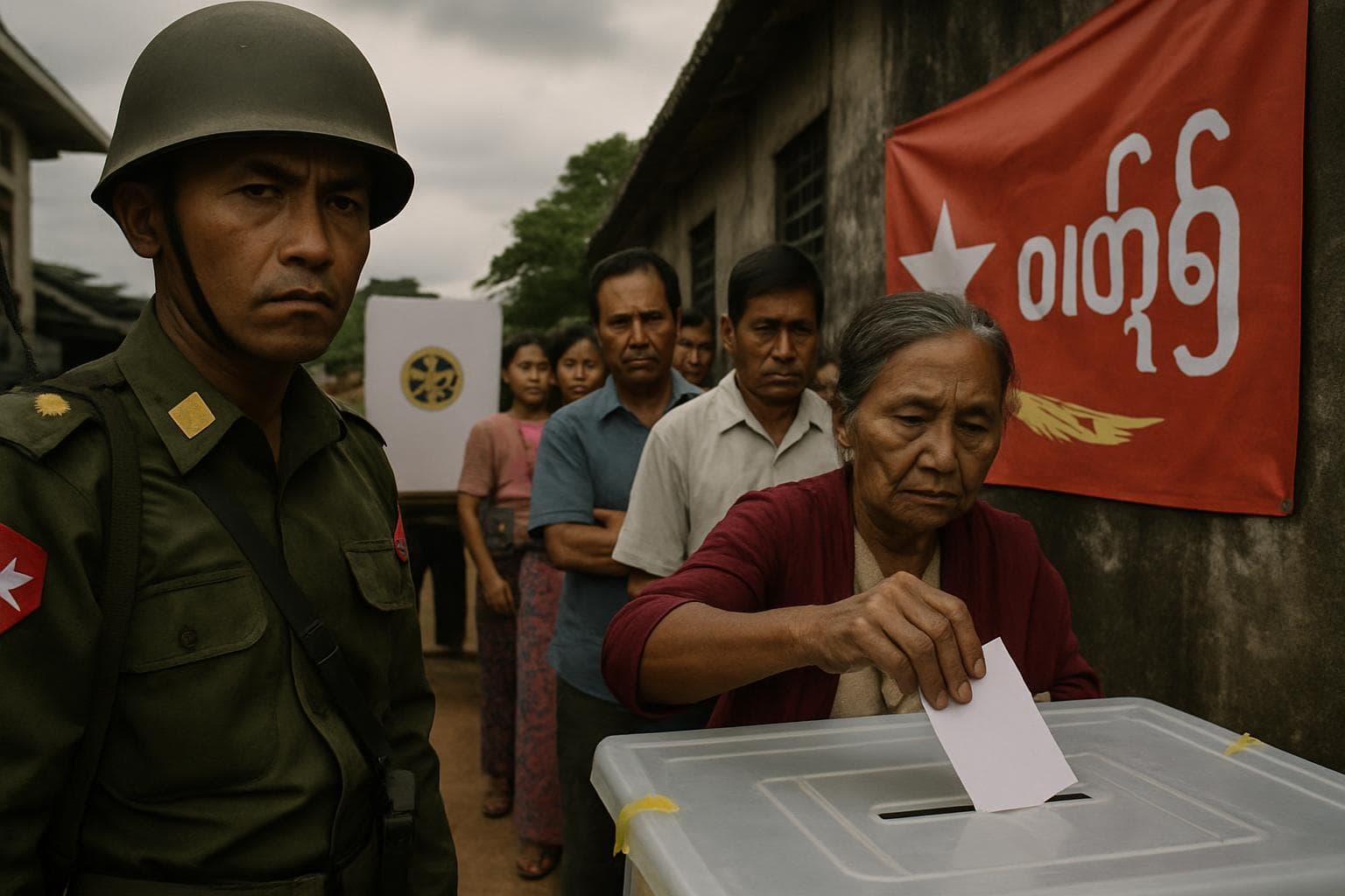 Voters casting ballots under military presence in Myanmar