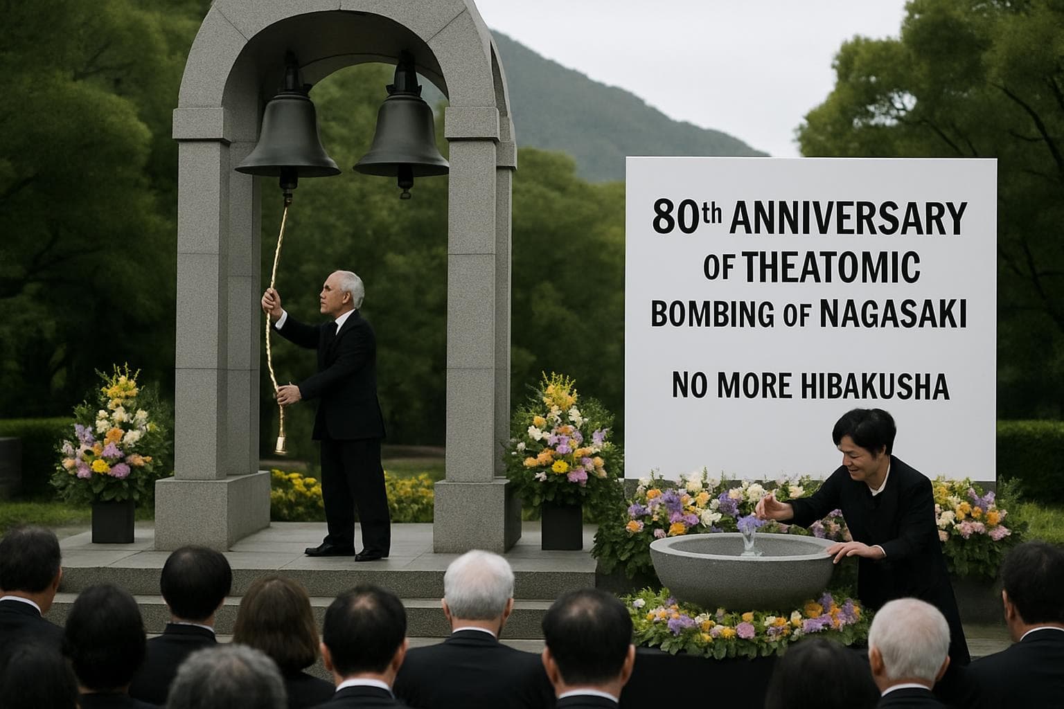 Ceremony in Nagasaki with twin bells and peace offerings