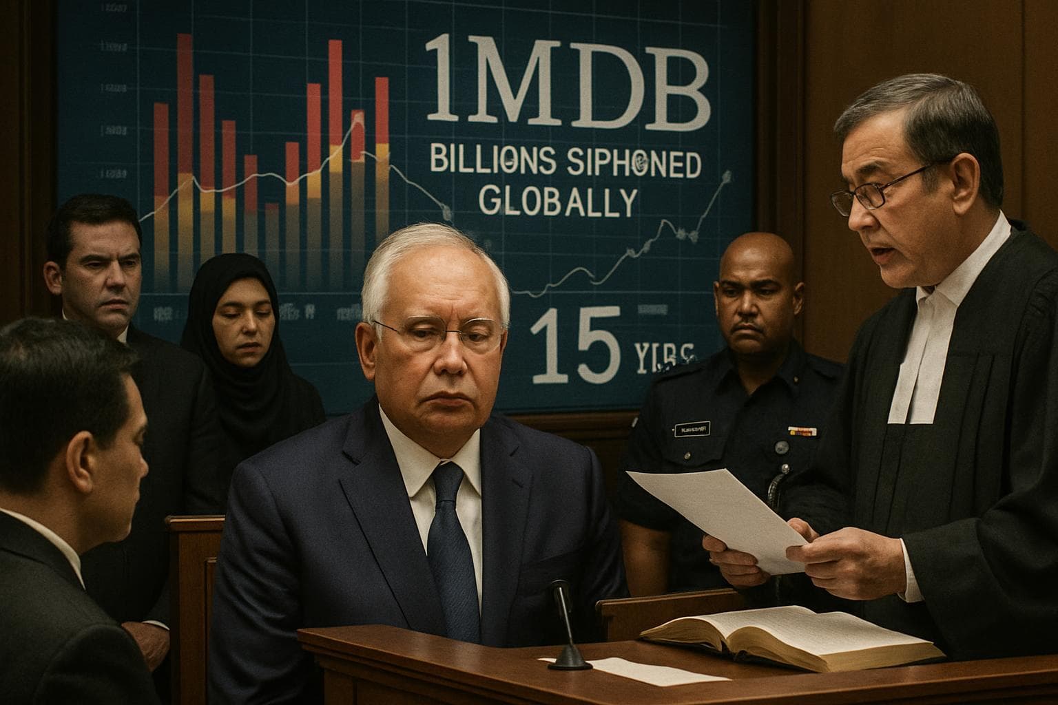 Najib Razak in courtroom with digital financial graphs