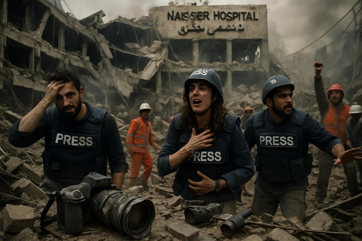 Destroyed Nasser hospital in Gaza with journalists and debris