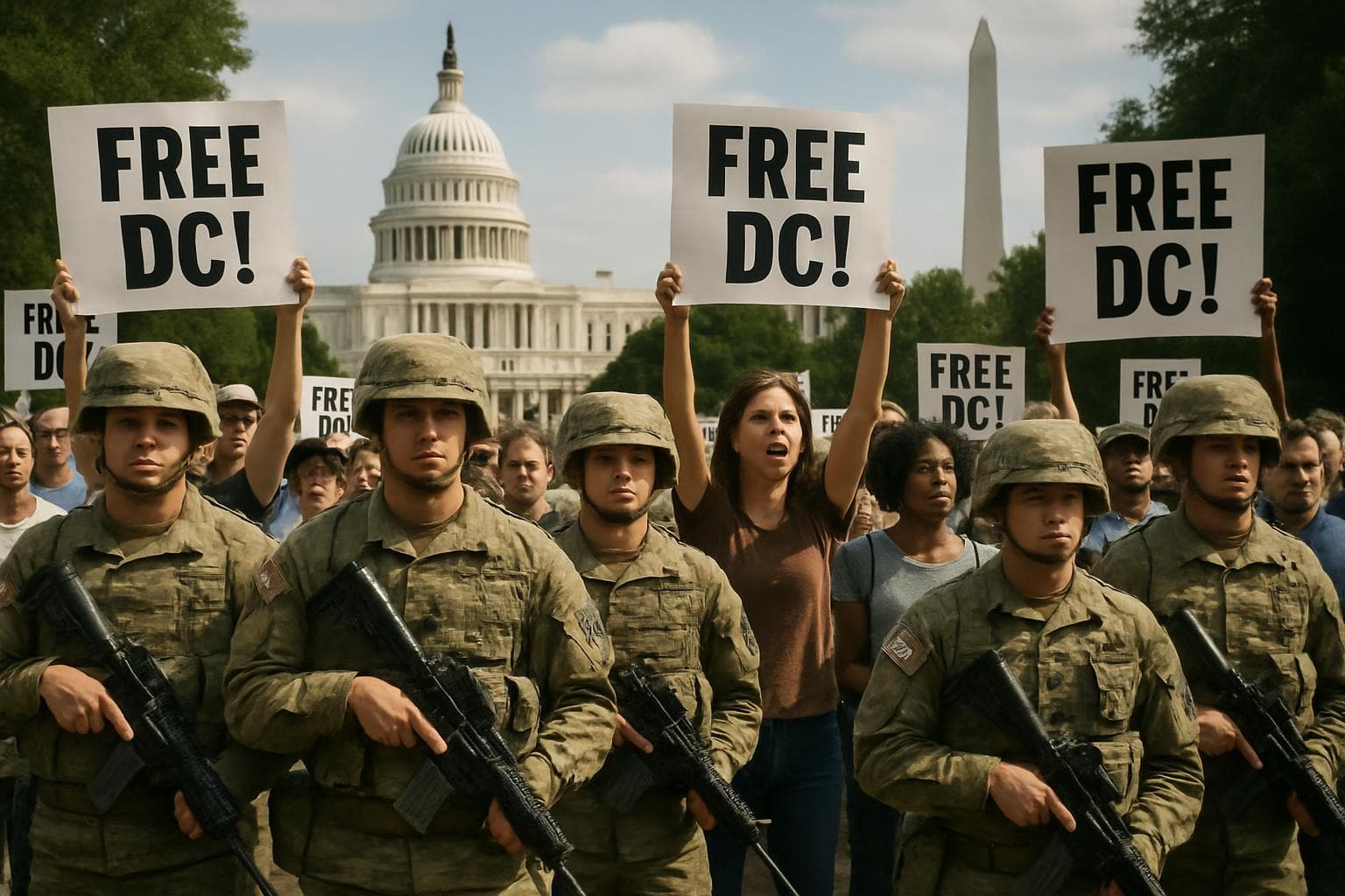 National Guard troops and protesters near Washington, DC landmarks