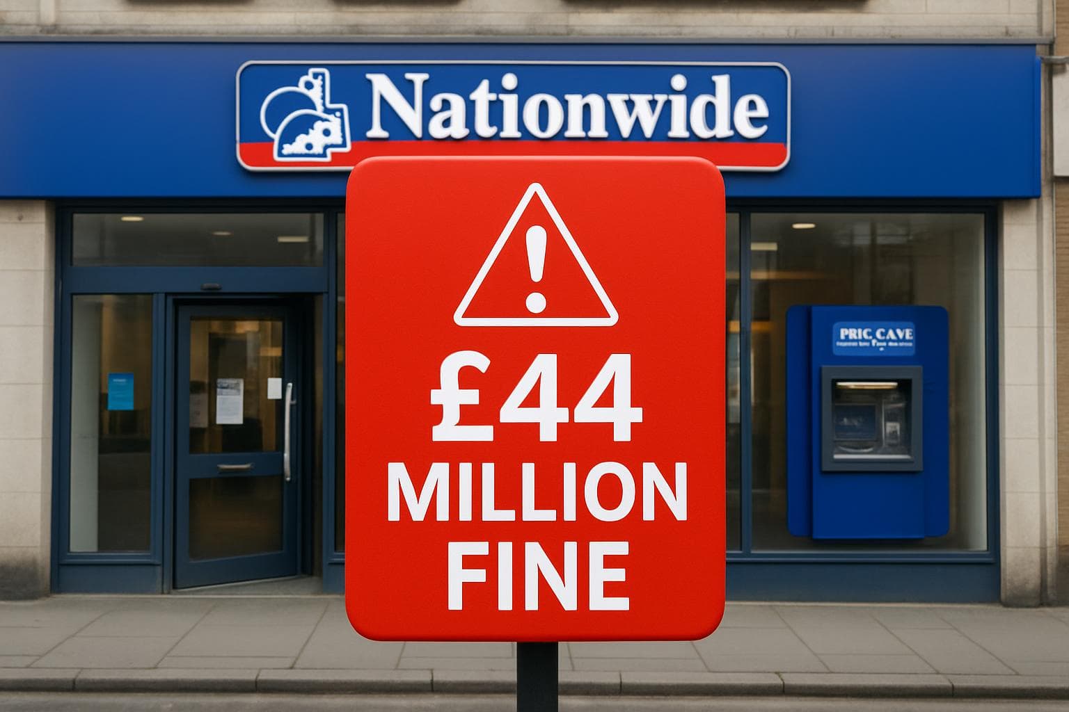 Red warning sign with £44 million fine in front of Nationwide branch