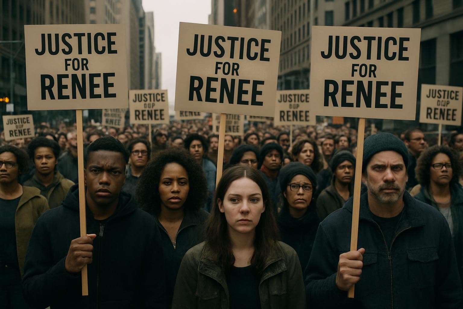 Diverse crowd holding 'Justice for Renee' signs on city street.