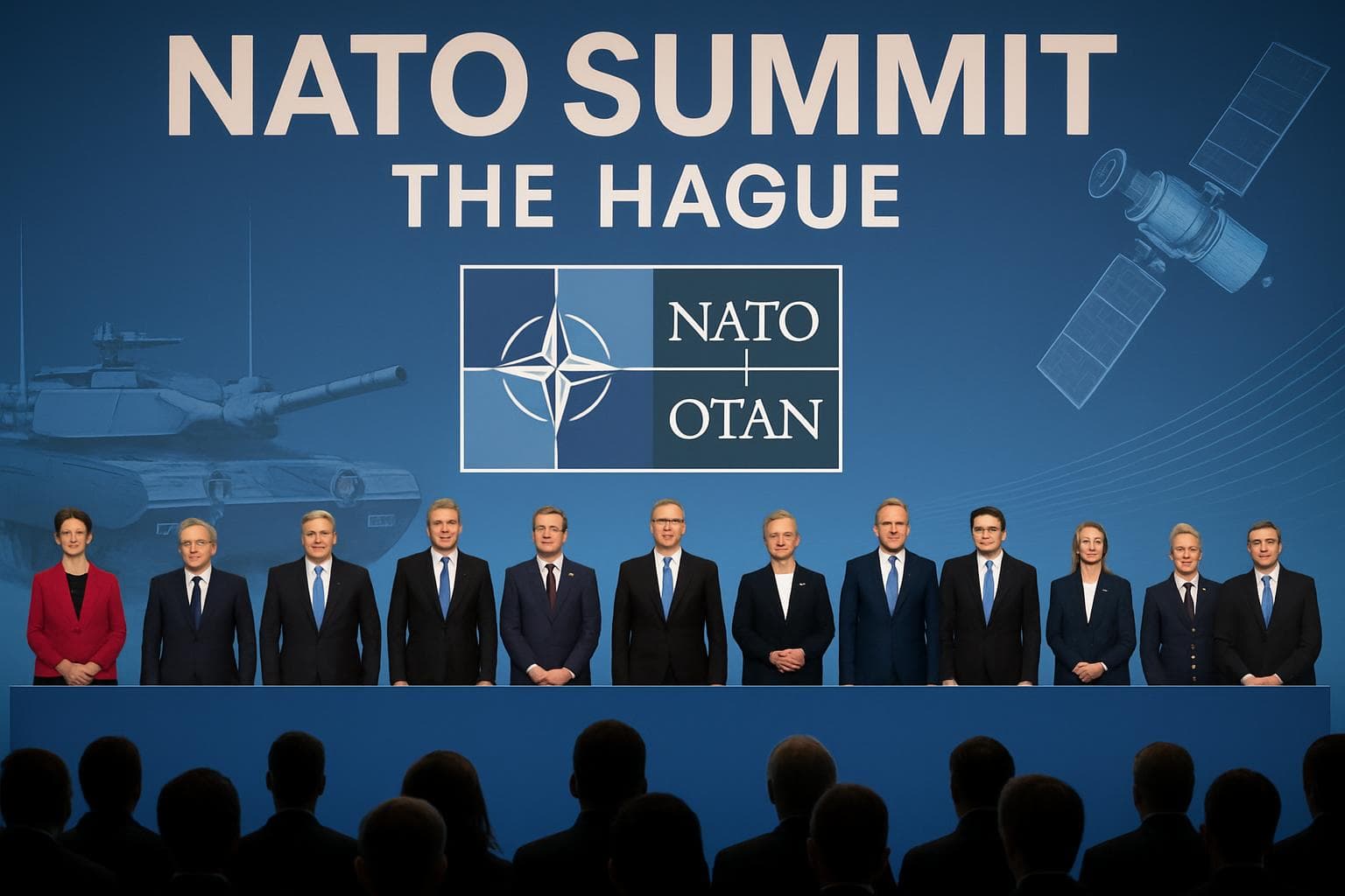 NATO leaders at The Hague summit with tanks and satellites