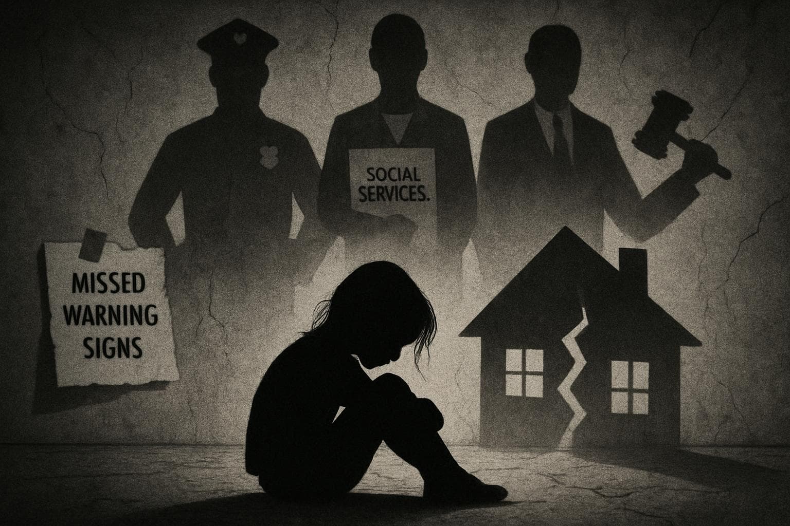 Silhouette of a neglected girl with authority figures' shadows.