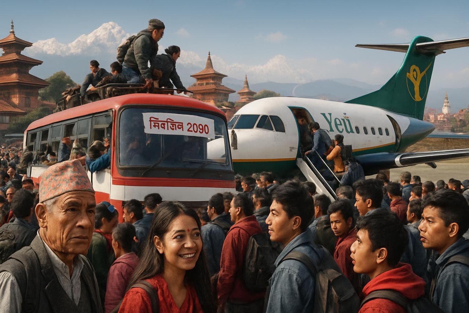 Nepalis boarding buses and planes in Kathmandu