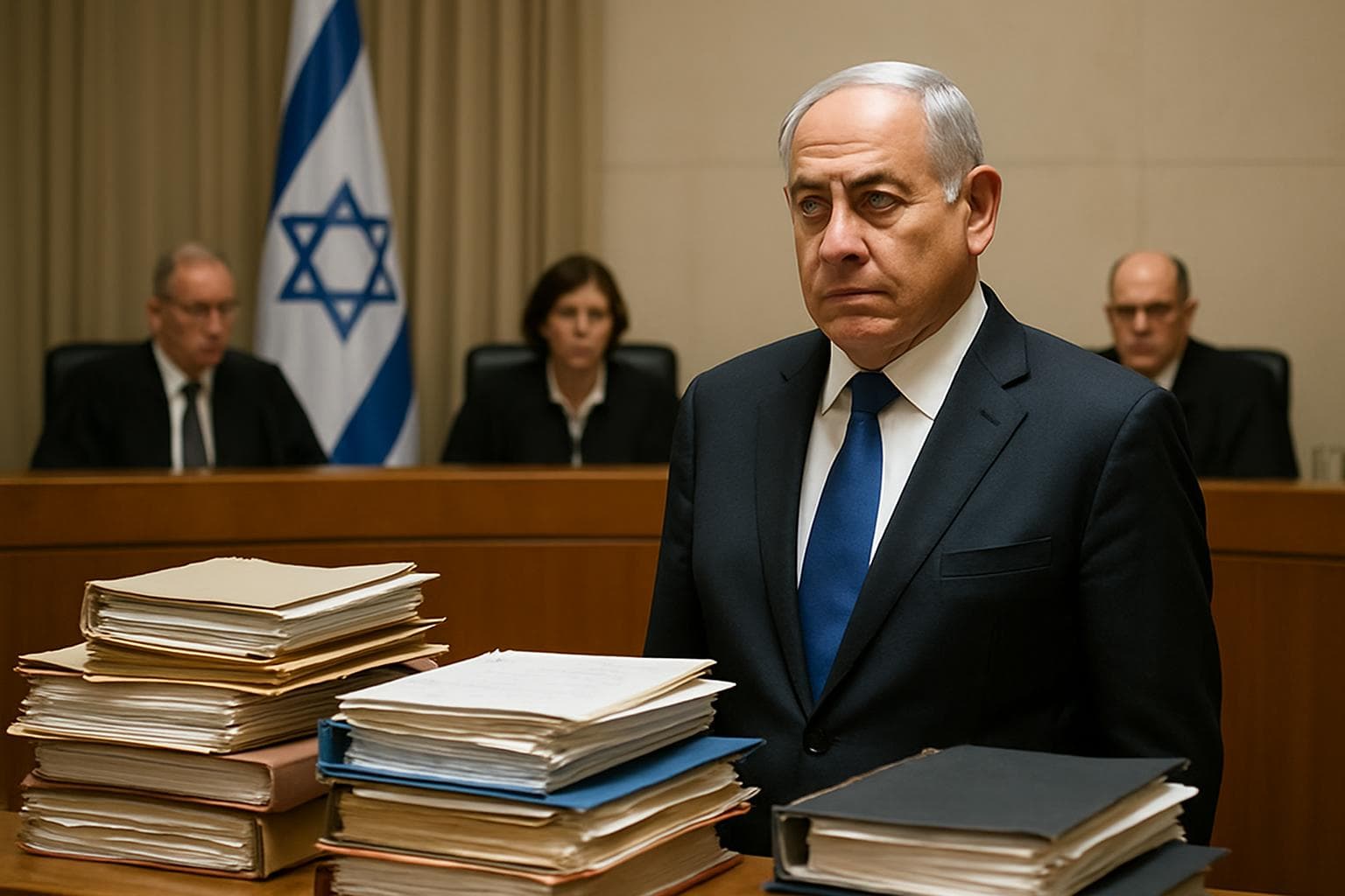 Israeli Prime Minister Netanyahu in courtroom with legal documents