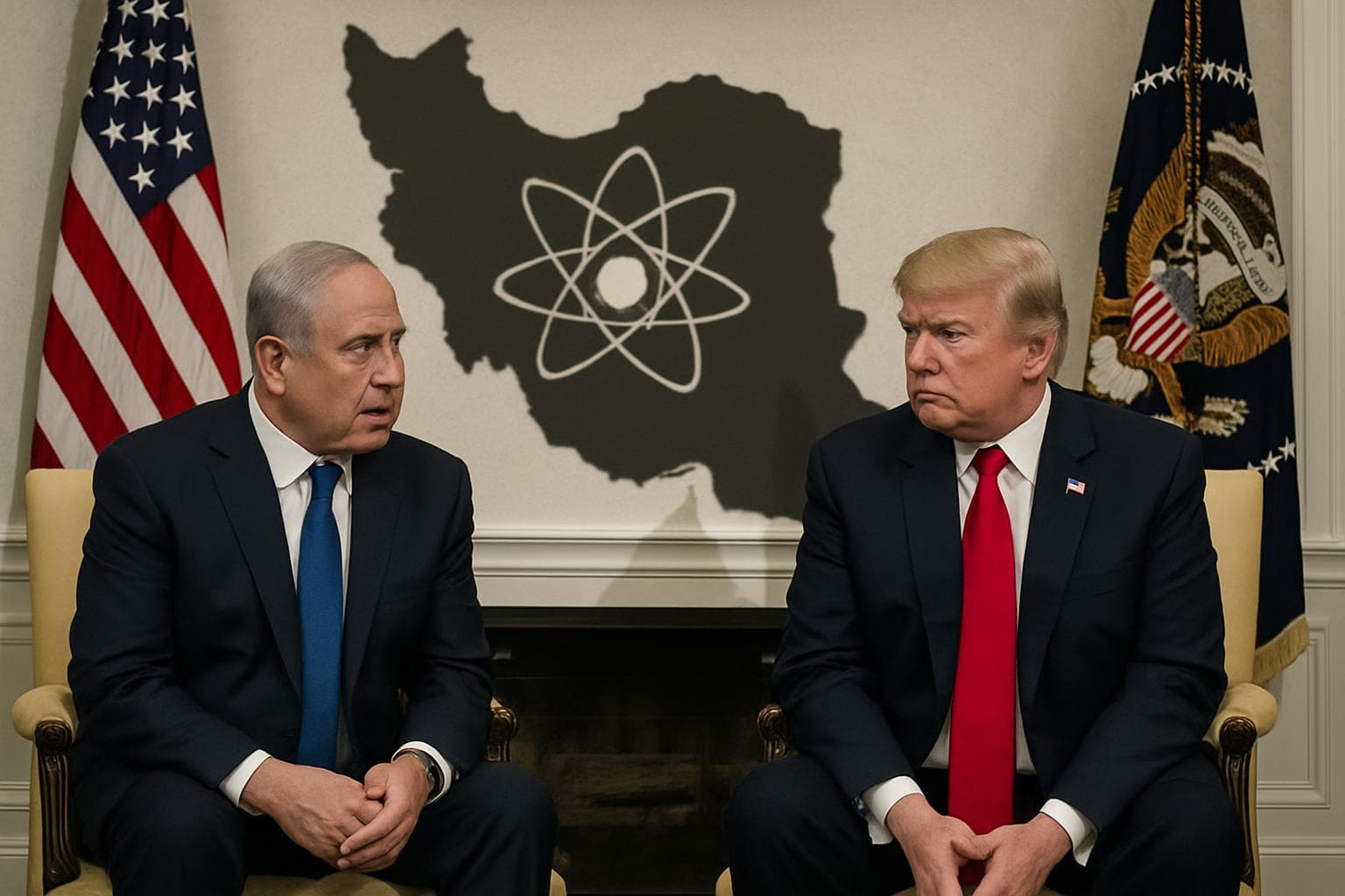 Netanyahu and Trump in a meeting with Iran nuclear map
