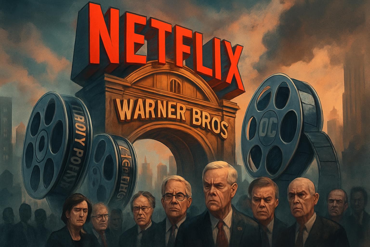 Netflix logo merging with Warner Bros landmarks surrounded by film reels
