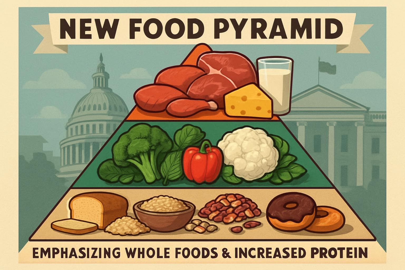 New food pyramid with meats, vegetables, and dairy
