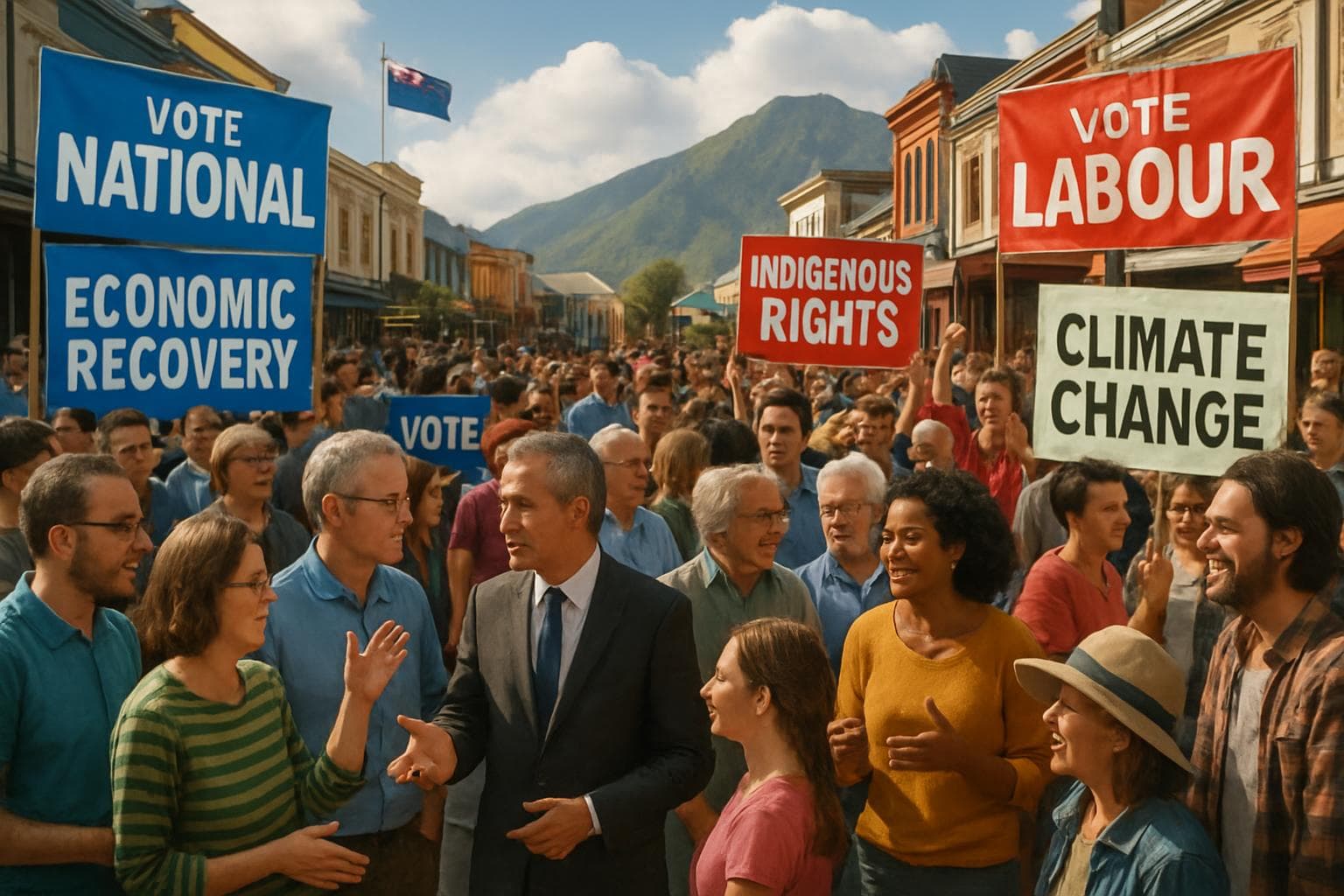New Zealand town square with people debating under campaign banners