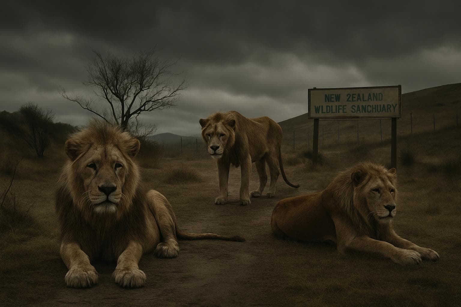 Elderly lions in a desolate New Zealand sanctuary