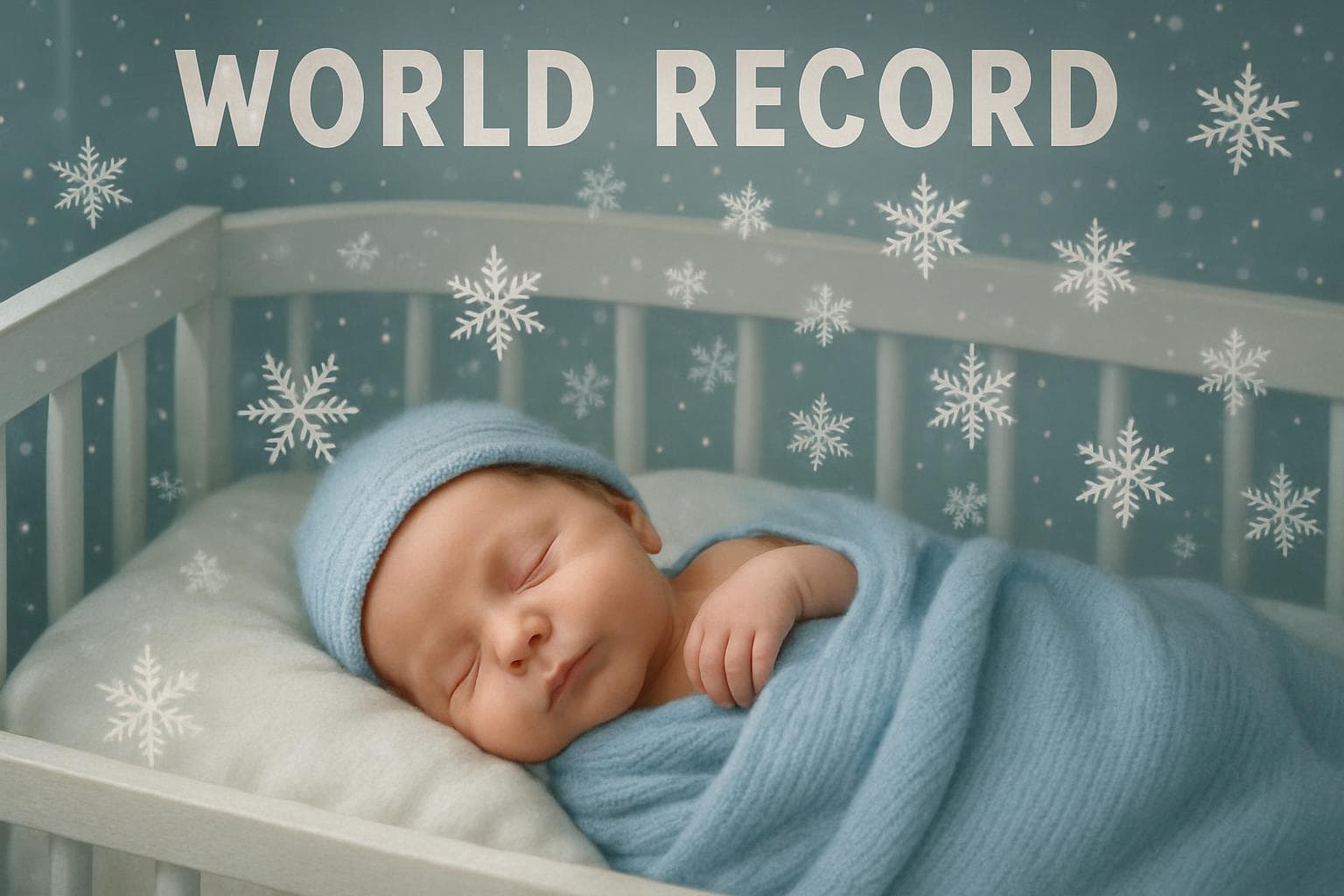 Newborn baby boy sleeping in a crib with snowflakes