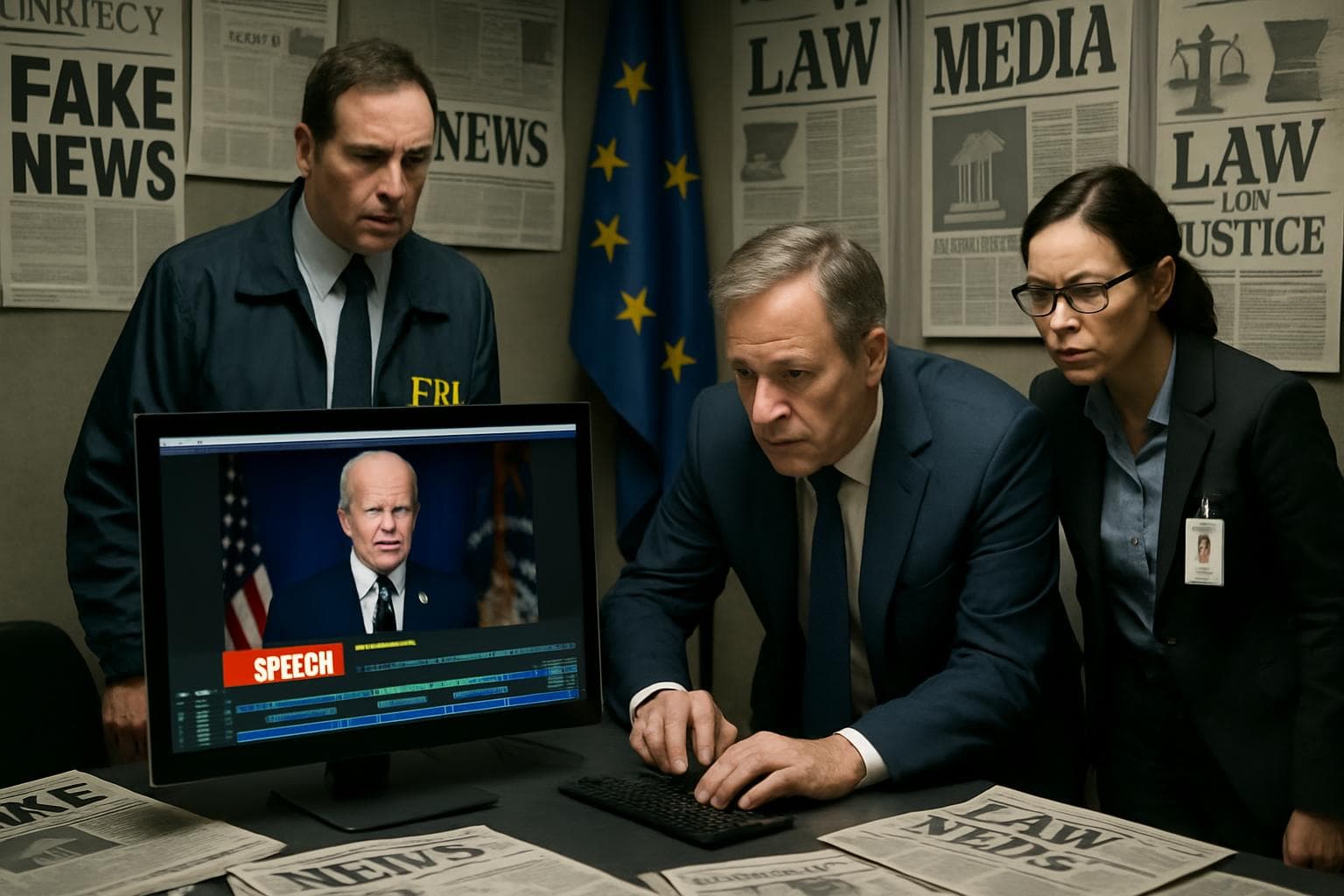 Officials examine video editing setup with political speech segment