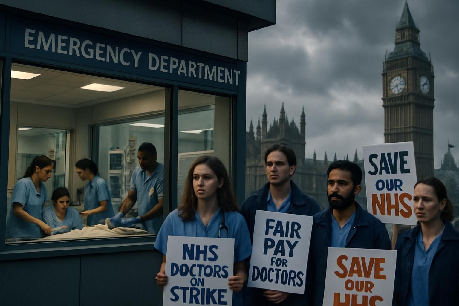 NHS doctors holding strike signs outside a hospital