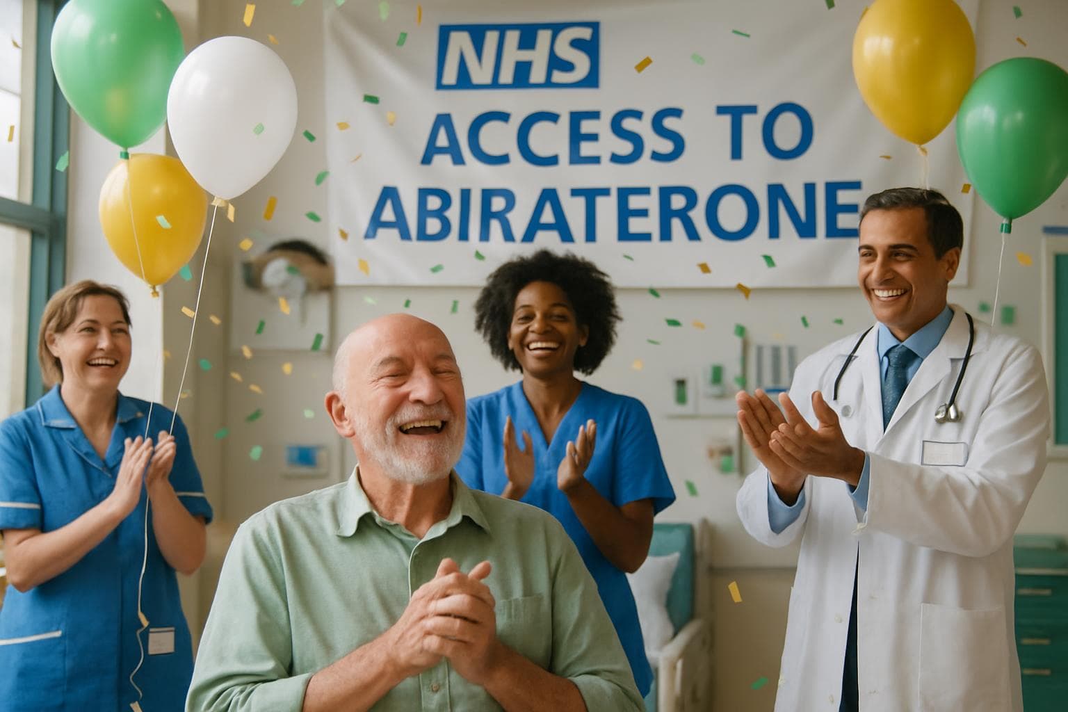 Healthcare workers celebrating NHS access to abiraterone