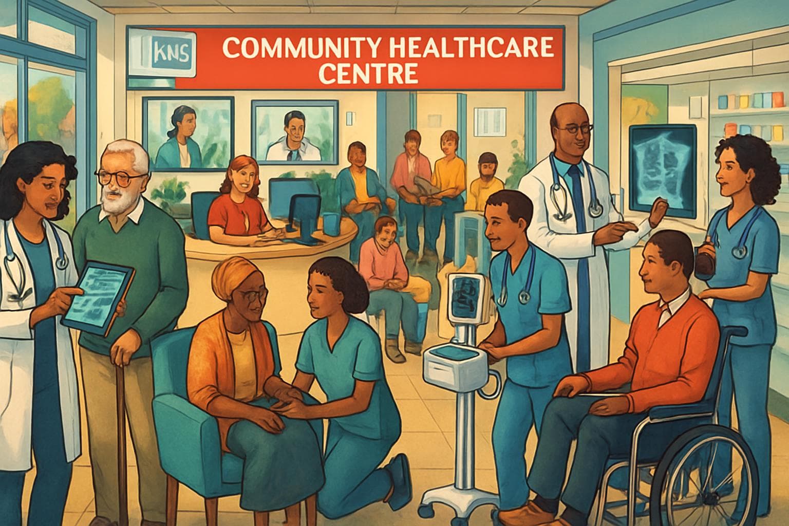 Community healthcare center with diverse patients and staff