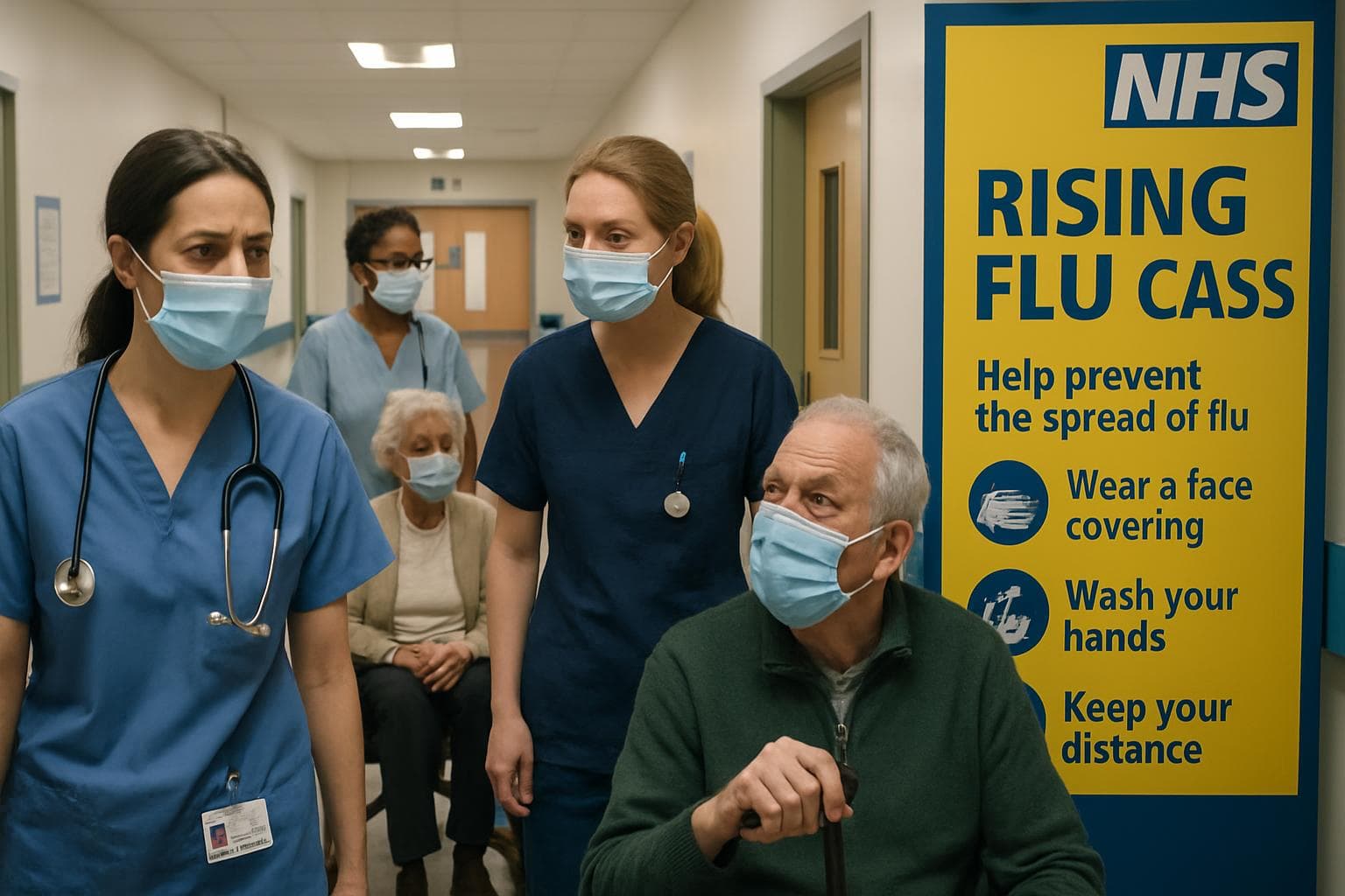 Healthcare workers and patients in NHS hospital wearing masks