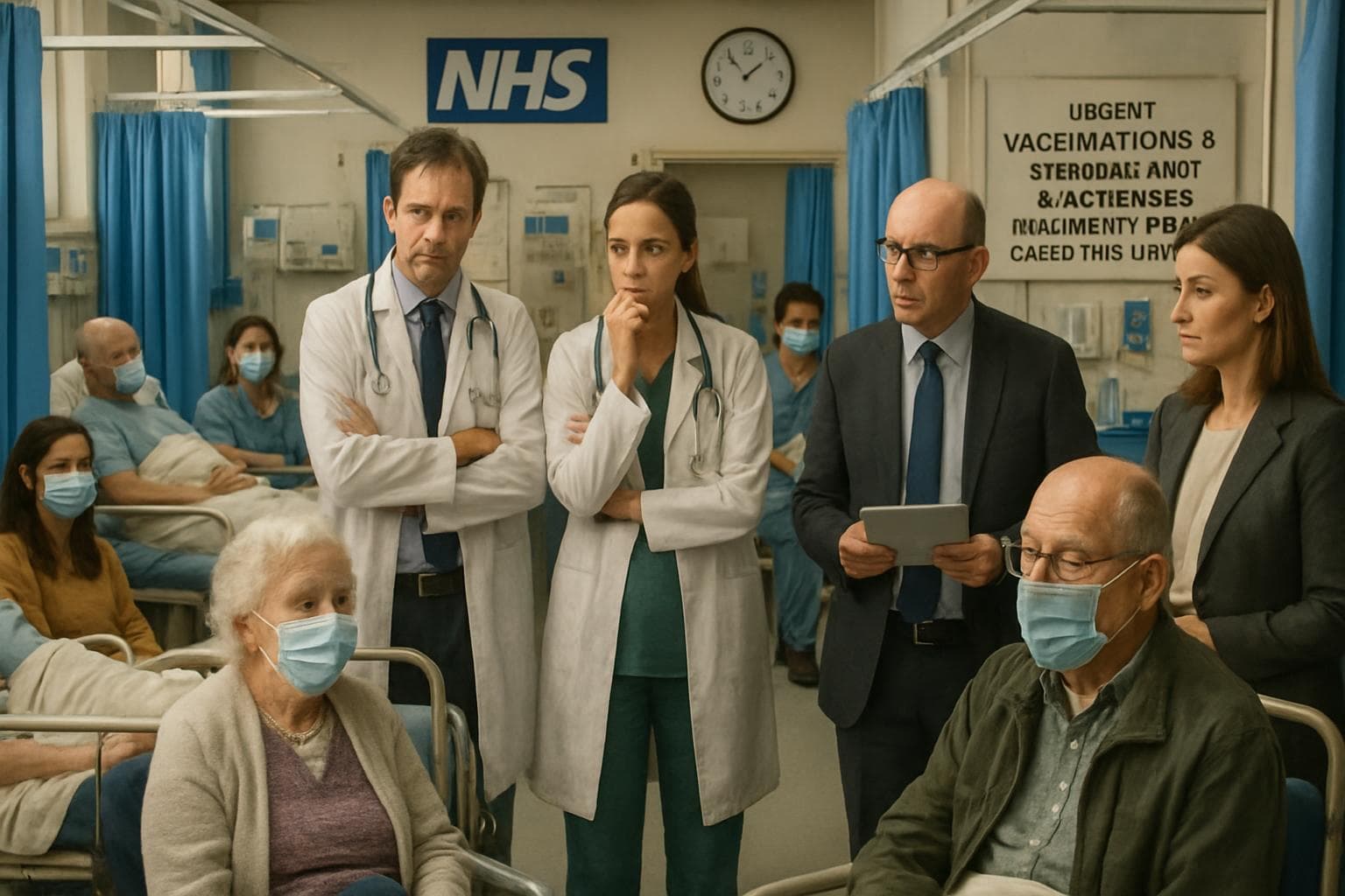 Crowded NHS hospital ward with patients and doctors in masks