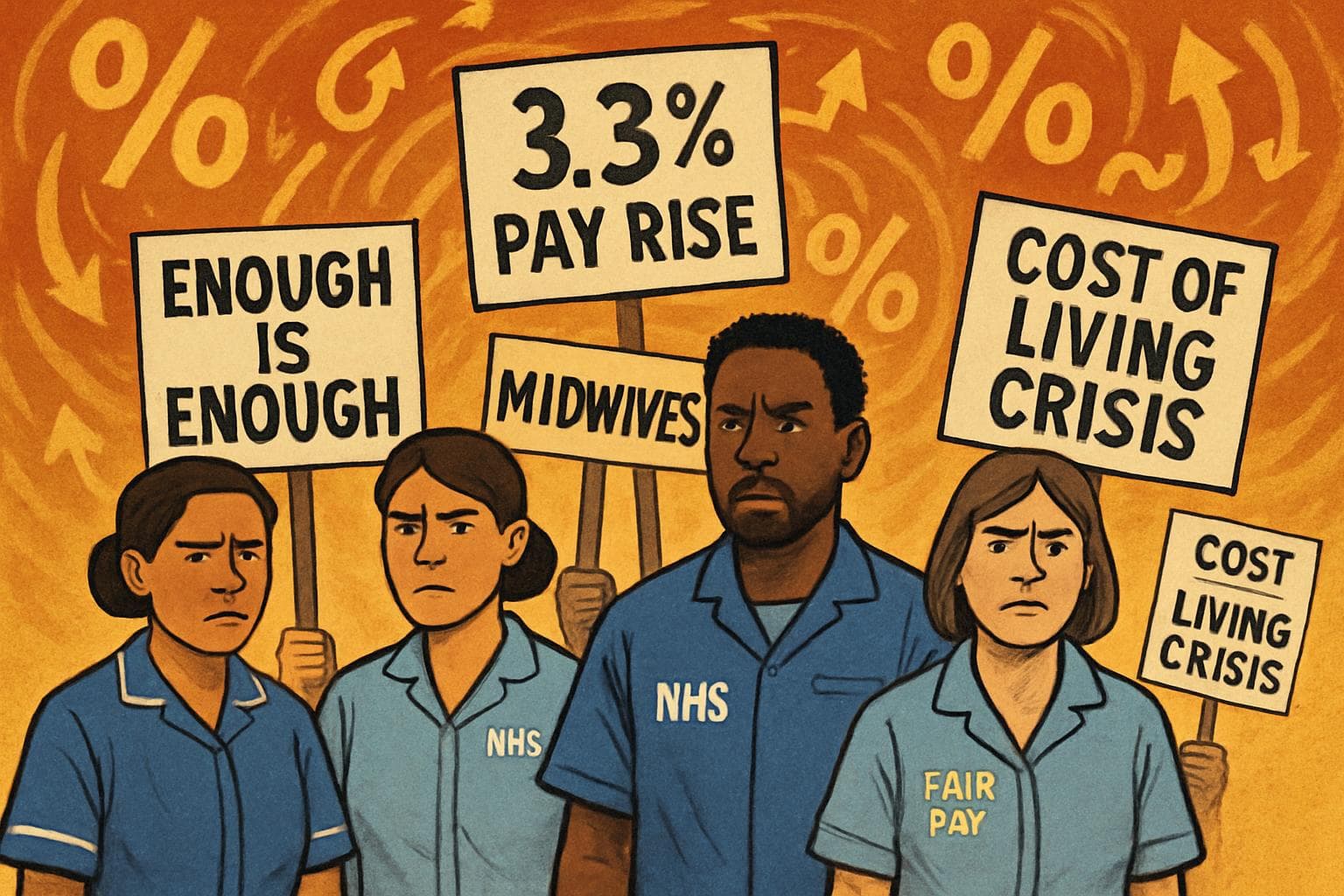 NHS workers protesting with signs against inflation backdrop