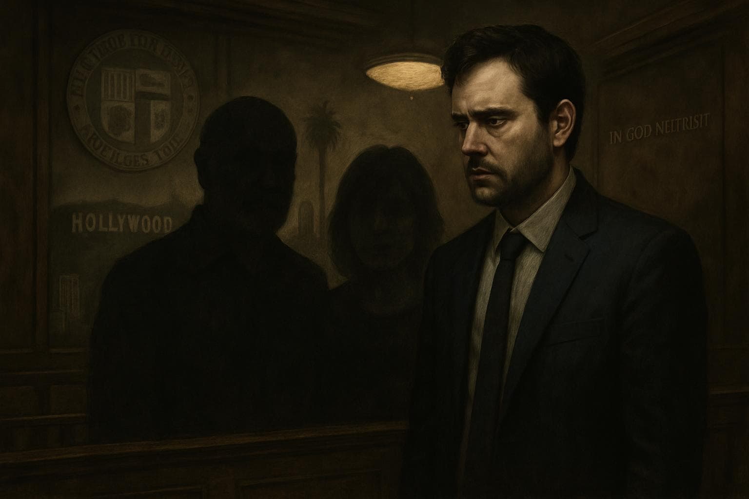 Nick Reiner stands beside shadowy outlines of his parents in a courtroom.