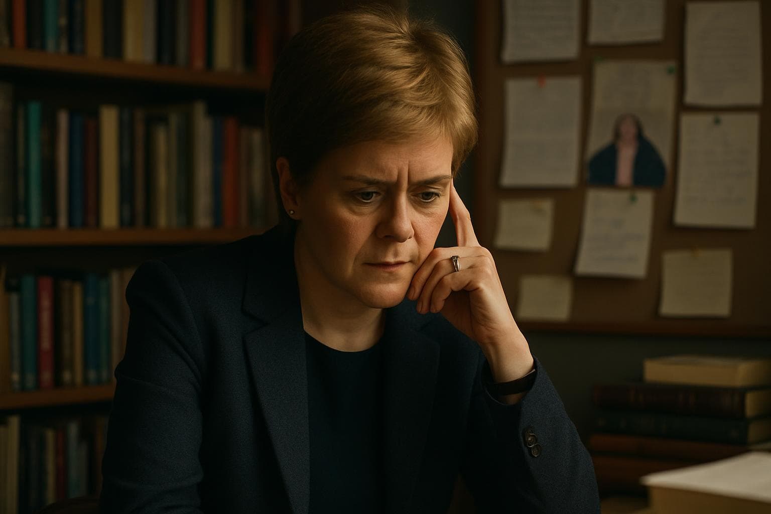 Nicola Sturgeon sitting in a study room with books and notes.