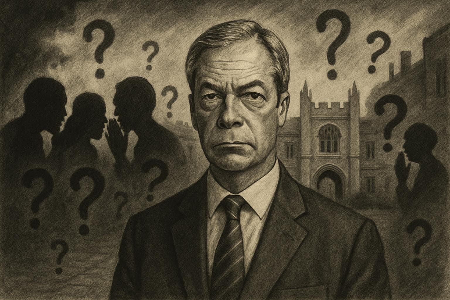 Nigel Farage at a brick college with question marks