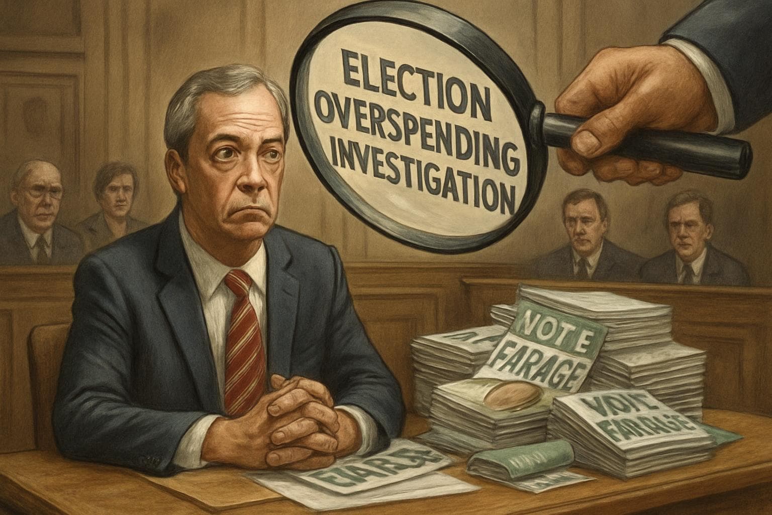 Nigel Farage in courtroom with campaign materials under magnifying glass