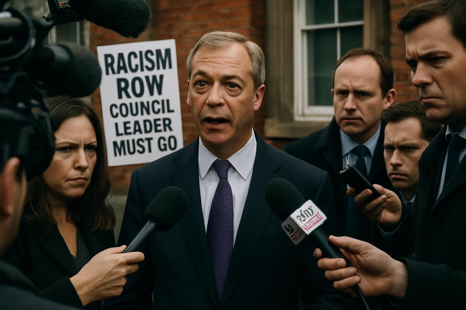 Nigel Farage surrounded by media amid controversy
