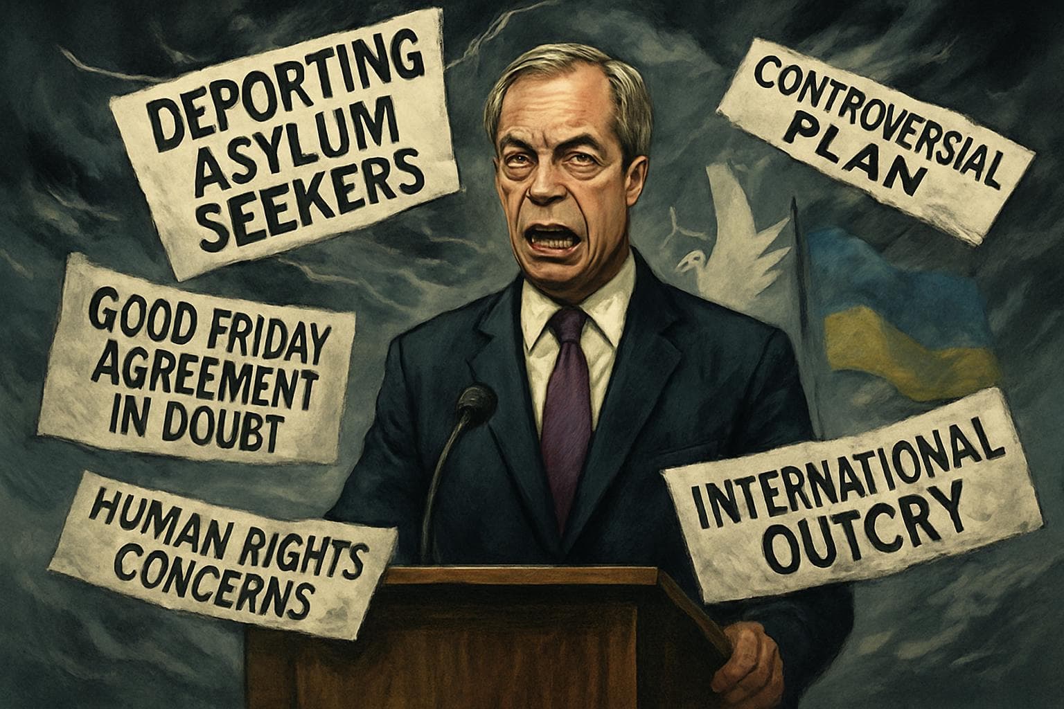 Nigel Farage at podium with critical headlines swirling