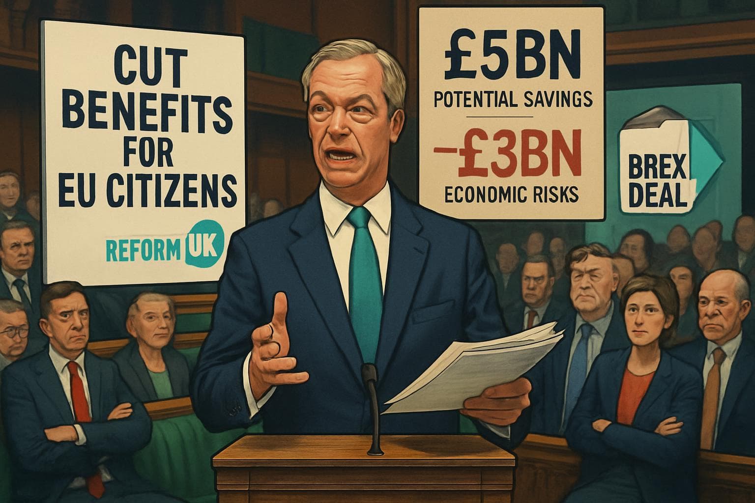 Nigel Farage presenting Reform UK's proposal on EU benefits