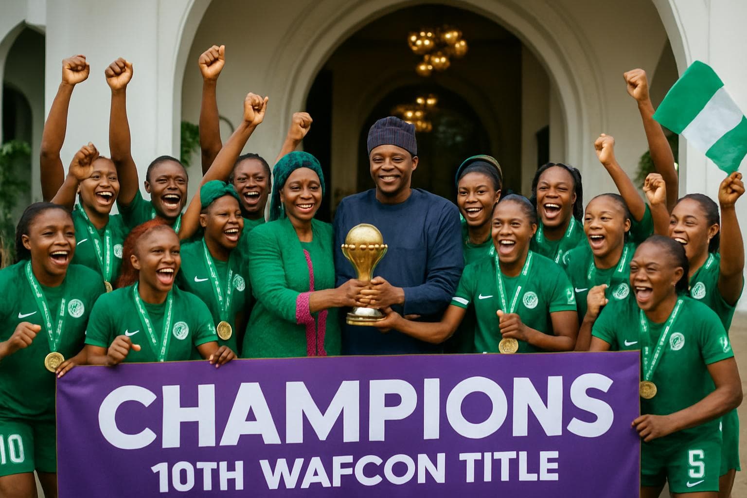 Nigerian Super Falcons celebrating WAFCON victory at presidential residence