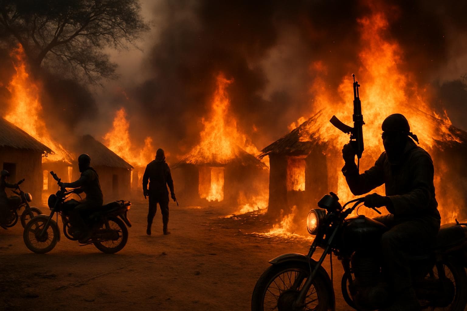 Armed assailants on motorbikes attacking a village in Nigeria
