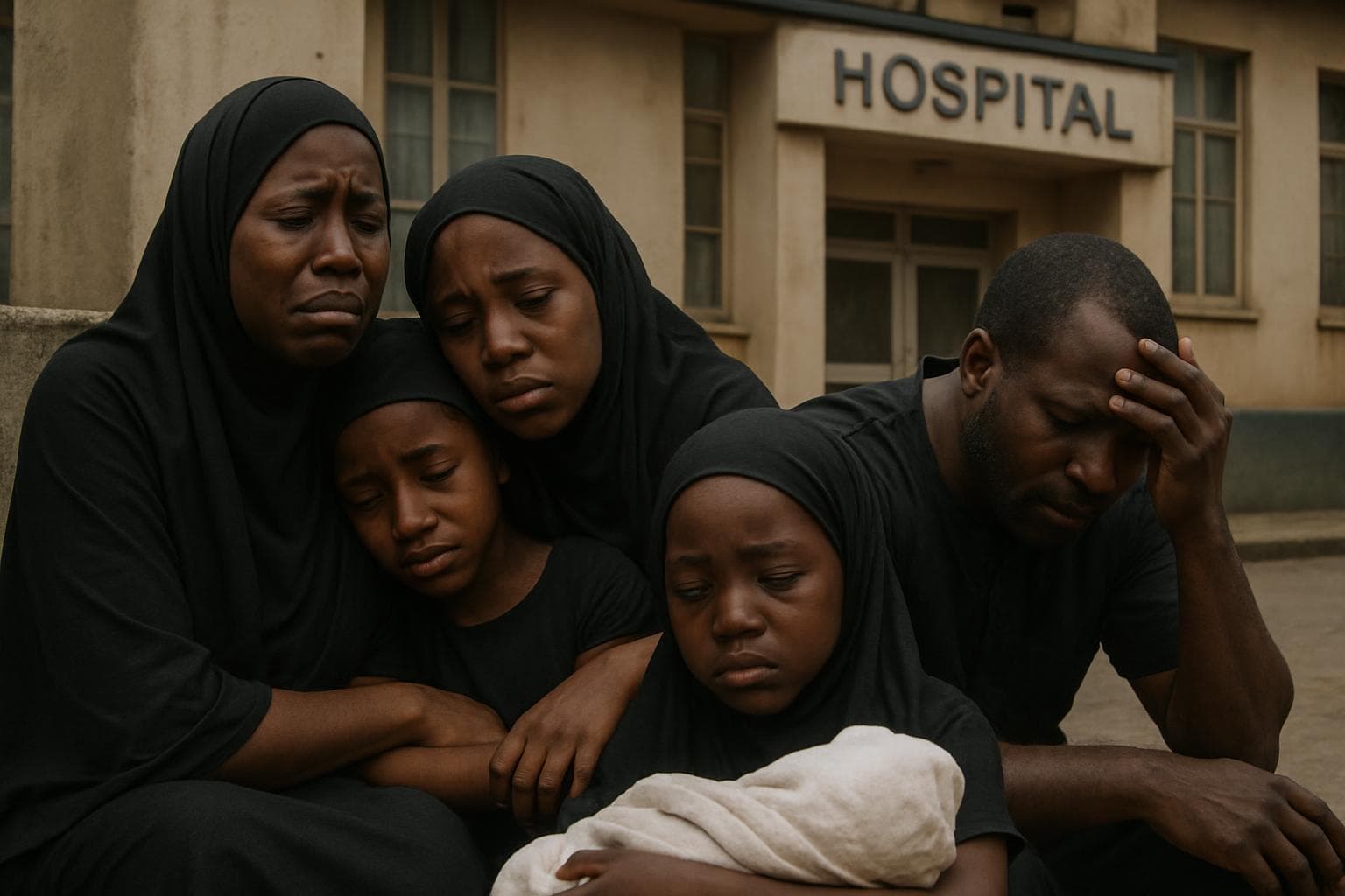 Grieving Nigerian family outside a hospital