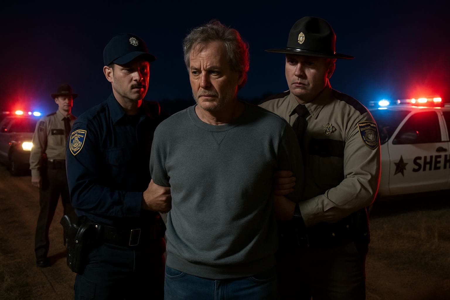 Middle-aged man in handcuffs arrested by police at night