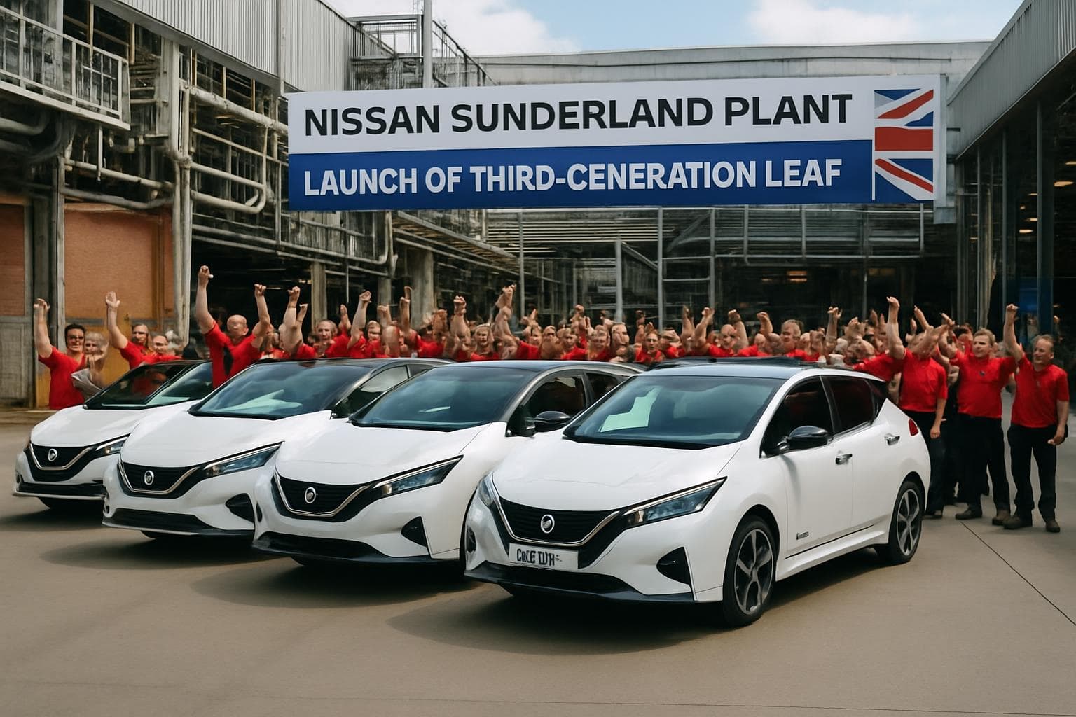 Nissan Sunderland plant with workers celebrating Leaf launch