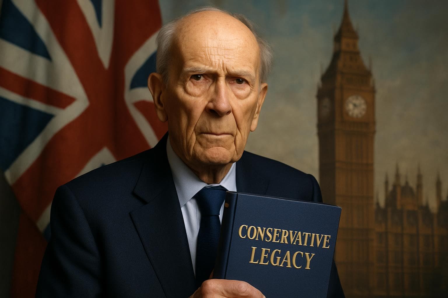 Elderly Norman Tebbit holding 'Conservative Legacy' book with UK Parliament backdrop