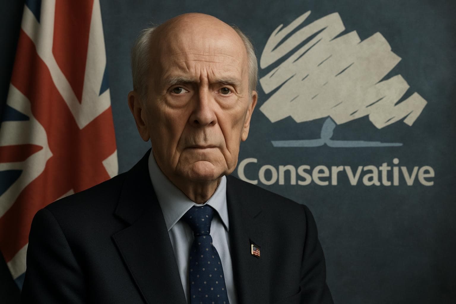 Portrait of Norman Tebbit with Conservative Party symbols